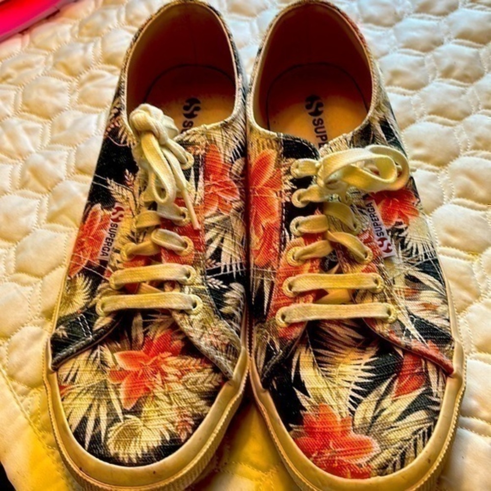 Superga Floral Canvas Sneakers in Blue, Orange,Cream